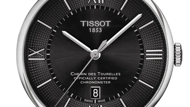 Tissot: Chemin des Tourelles Powermatic 80 Gent COSC, Edelstahlband, schwarzes Zifferblatt