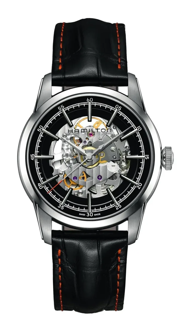 Hamilton: RailRoad Skeleton mit schwarzem Zifferblatt und Lederband