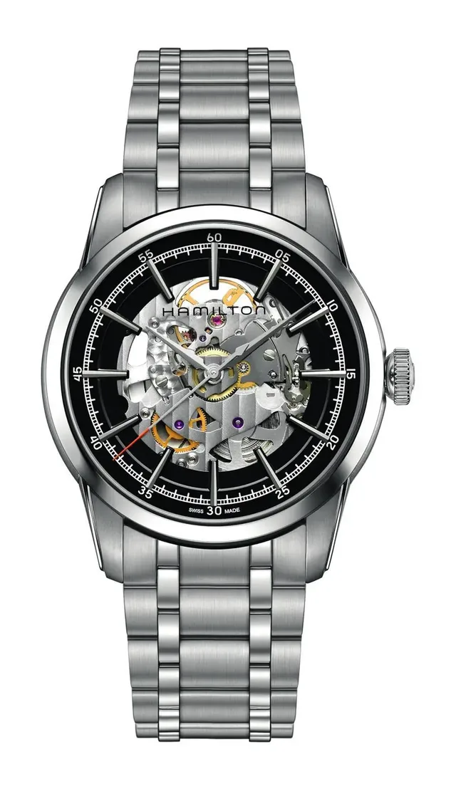 Hamilton: RailRoad Skeleton mit schwarzem Zifferblatt und Stahlband