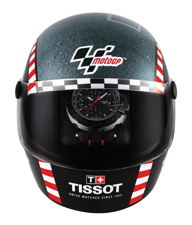 Die Box der Tissot T-Race MotoGP Automatic Limited Edition 2016 hat die Form eines Motorradhelms