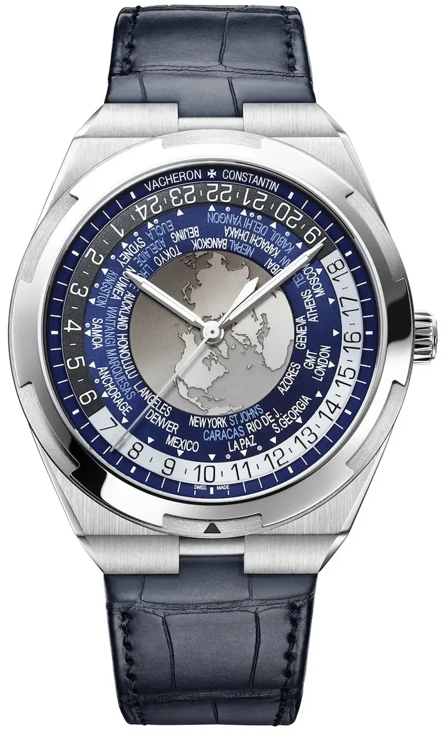 Die World Time Overseas von Vacheron Constantin mit blauem Zifferblatt.