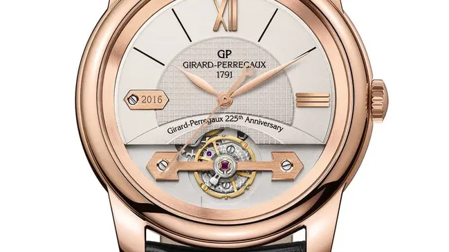 Girard-Perregaux: Das Modell 2016 der Place Girardet-Kollektion würdigt das 225-jährige Bestehen des Unternehmens. Zu sehen ist dies Signet bei neun Uhr und an dem Schriftzug Girard-Perregaux 225th Anniversary