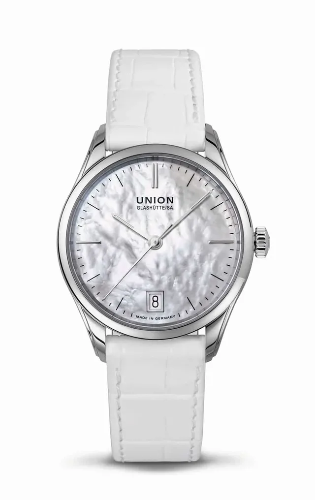 Union Glashuette: Viro Datum Damenmodell mit Perlmuttzifferblatt