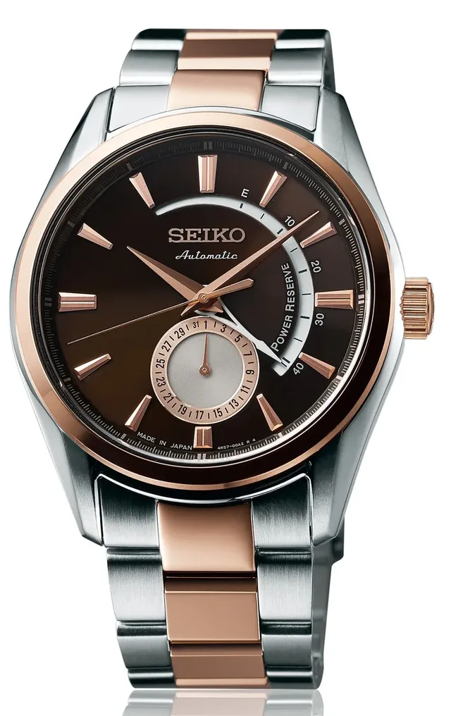 Seiko: Presage Edelstahl Bicolor-Modell in Roségold mit braunem Zifferblatt