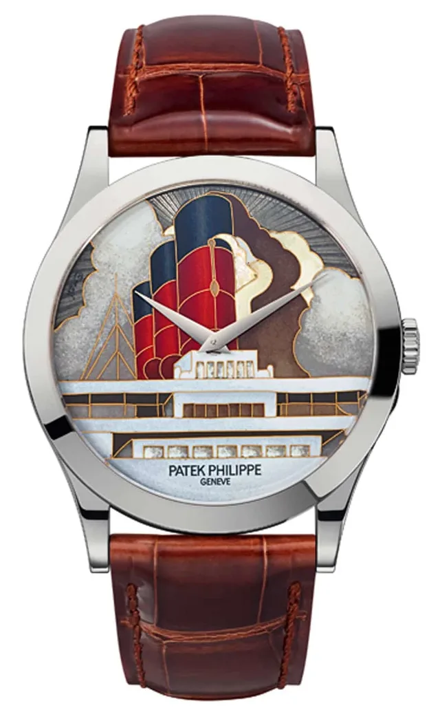Eine Calatrava von Patek Philippe mit historischem Ozeandampfer in Email