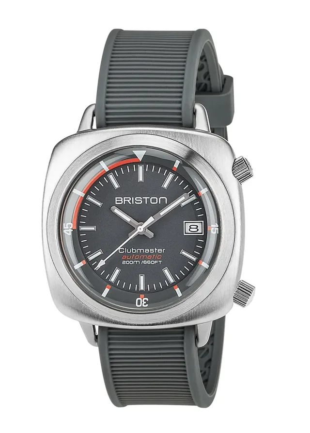 Briston: Clubmaster Diver in Edelstahl und mit grauem Kautschukband