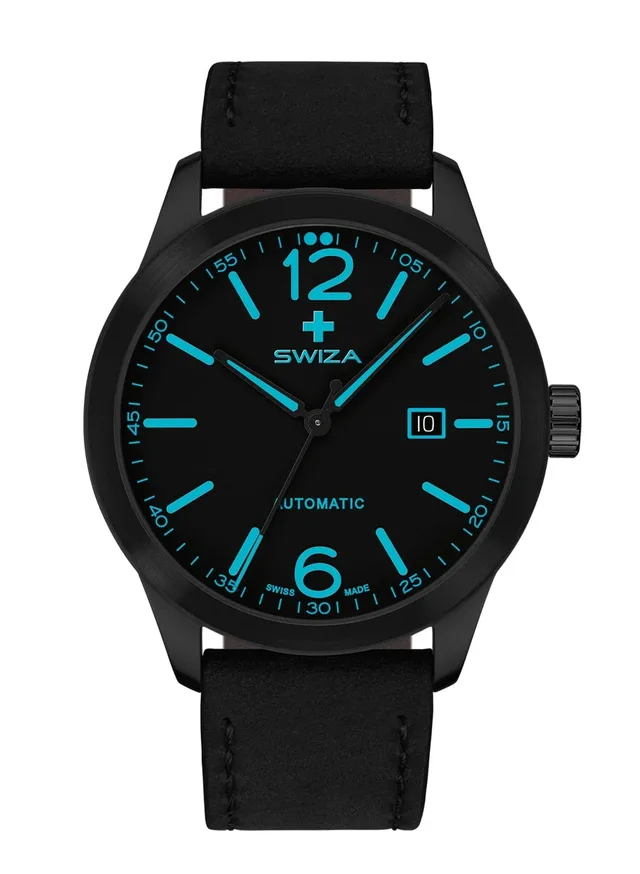 Swiza Kretos mit schwarzer PVD-Beschichtung und schwarzem Kalbslederband