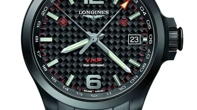 Longines: Conquest V.H.P. GMT Flash Setting, 41 Millimeter, schwarz PVD-beschichtet