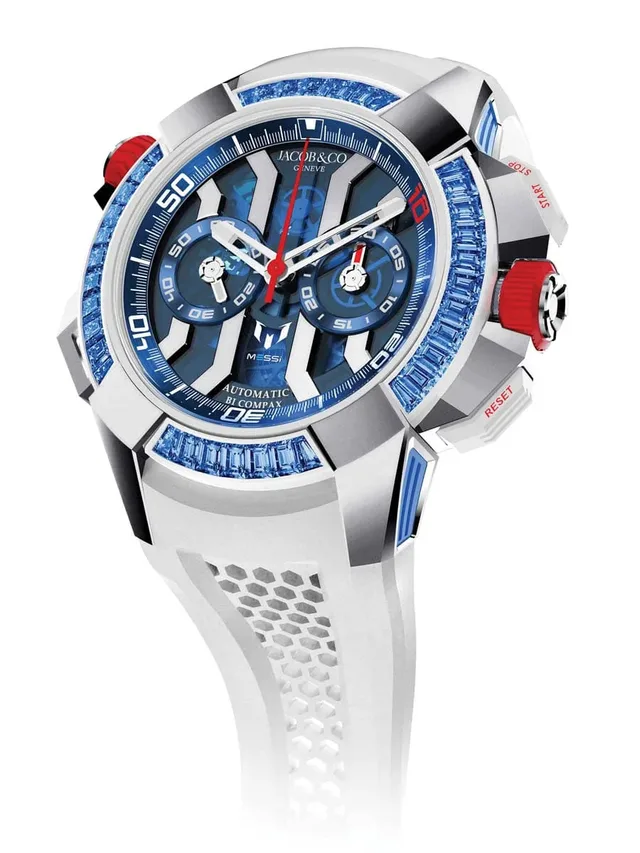 Jacob & Co: Jacob & Co. Epic X Chrono Messi "Only Watch 2019" Special Edition | Gehäuse: Titan und Weißgold | Größe: 47 mm | Kaliber: Jacob&Co JCAA05, Automatik | Schätzwert: 63.000 bis 90.000 Euro | Erlöls: 75.000 Schweizer Franken