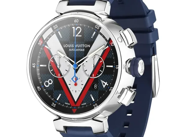 Louis Vuitton: Tambour Damier Cobalt Chronograph mit Kautschukband