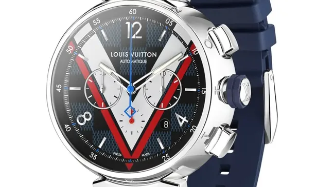Louis Vuitton: Tambour Damier Cobalt Chronograph mit Kautschukband