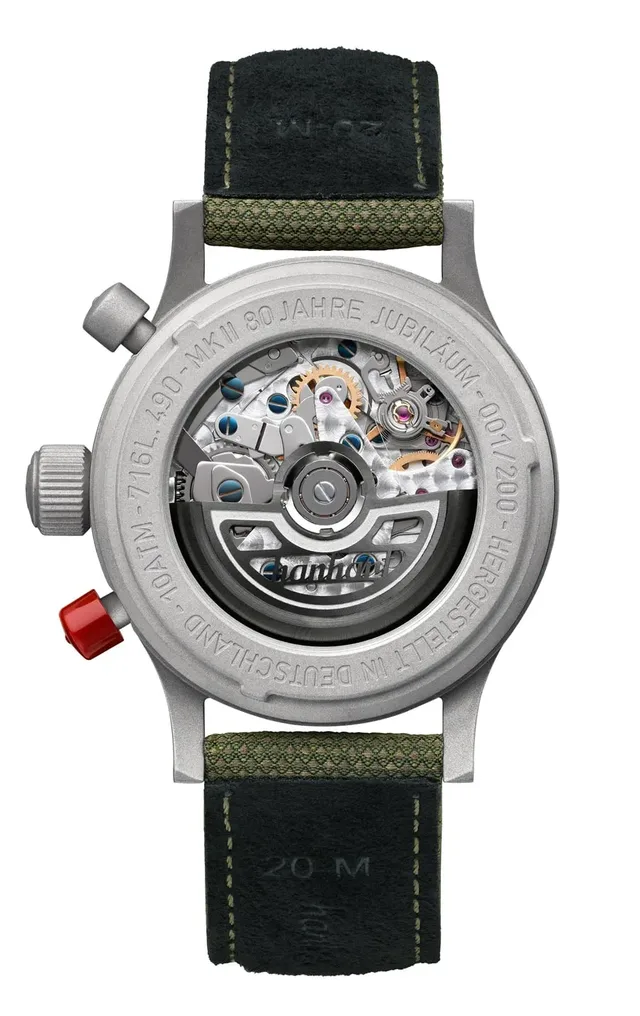 Hanhart Pioneer MK II 80 Jahre Jubiläum Gehäuserückseite