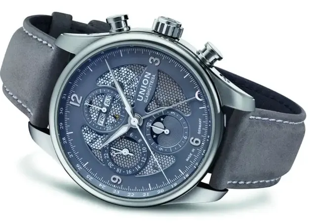 Union Glashütte: Belisar Chronograph Mondphase mit grau perforiertem Zifferblatt