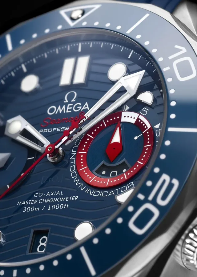 Zifferblatt der Omega Seamaster Diver 300M America’s Cup Chronograph mit der Anzeige für den Regatta-Countdown