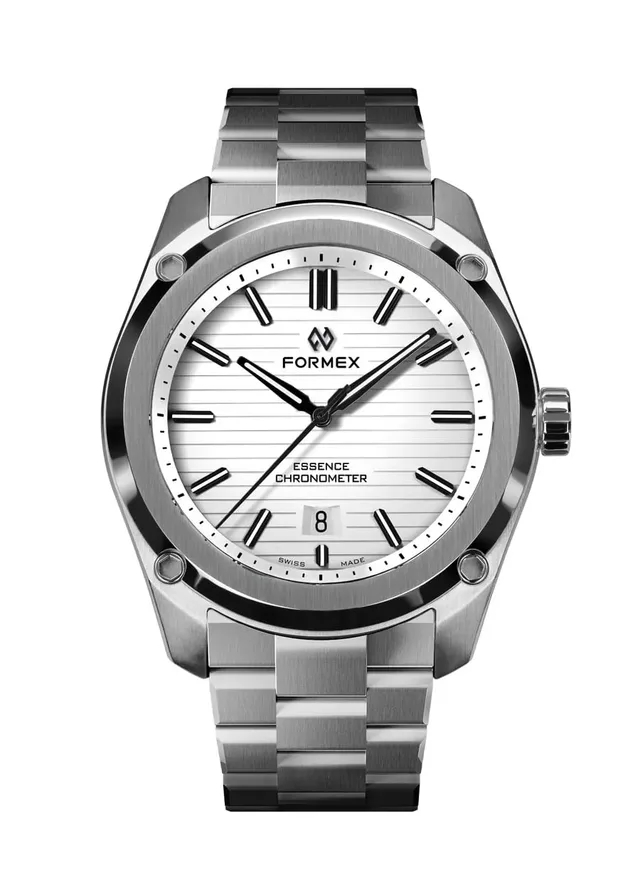 Formex: Essence 43 mm Automatic Chronometer mit weißem Zifferblatt und Metallband