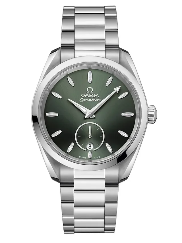 Omega Seamaster Aqua Terra Small Seconds 38 mm in Edelstahl mit dunkelgrünem Zifferblatt und Perlmutt-Indizes