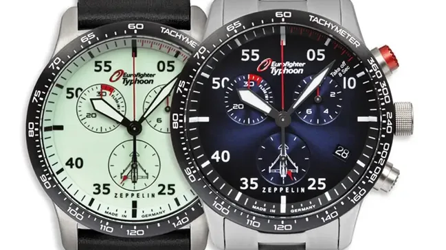 Zeppelin: Eurofighter Quarz Chronograph dunkelblaues Zifferblatt mit weißen nachts leuchtenden Zahlen Referenz. 7298