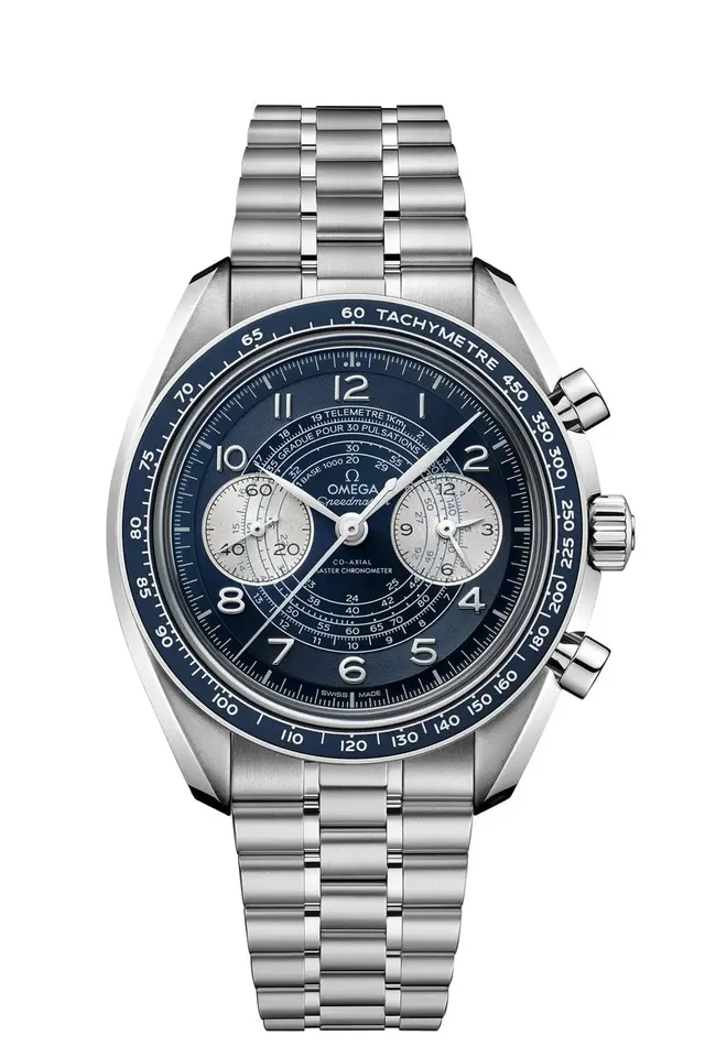 Omega: Speedmaster Chronoscope in Edelstahl mit blauem Zifferblatt und Metallband