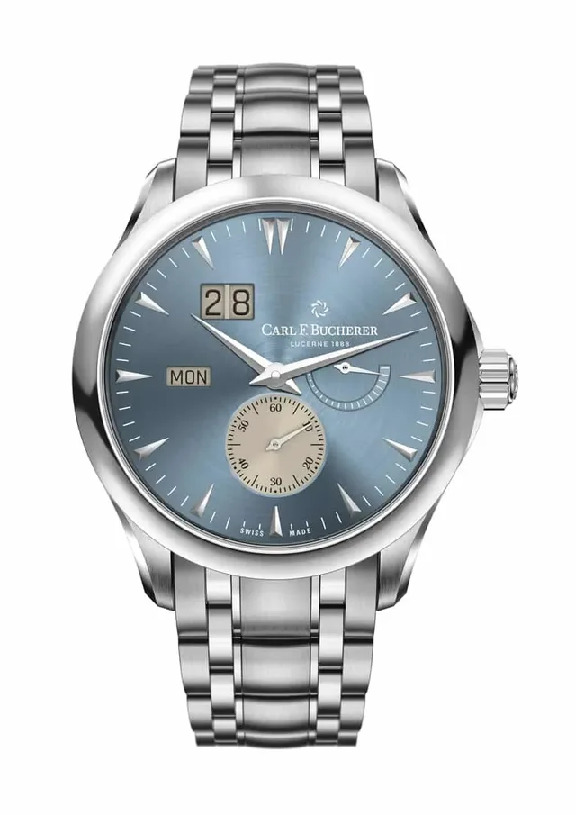 Carl F Bucherer: Manero Peripheral Big Date mit blauem Zifferblatt und Metallband