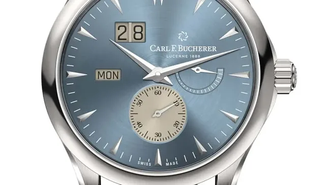Carl F Bucherer: Manero Peripheral Big Date mit blauem Zifferblatt und Textilband