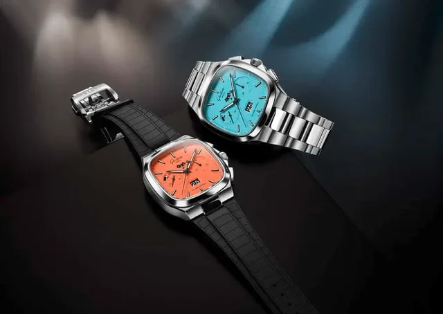 Glashütte Original Seventies Chronograph Panoramadatum in den neuen Zifferblattfarben Vibing Orange und Disco Blue