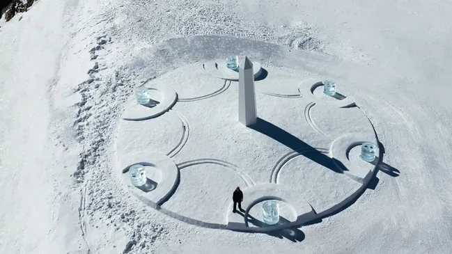 In der Schneelandschaft am Matterhorn enthüllt Künstler Daniel Arsham ein temporäres Kunstwerk mit Hublot