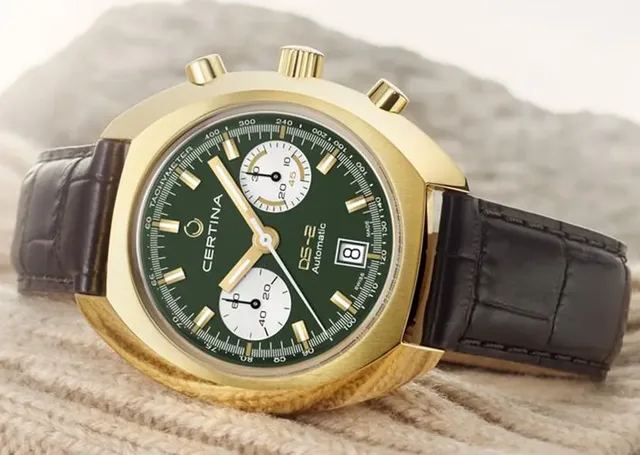 Die neue DS-2 Chronograph Automatik von Certina mit Goldgehäuse und grünem Zifferblatt
