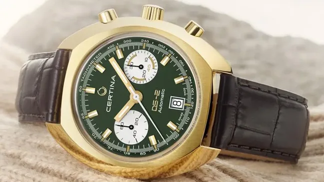 Die neue DS-2 Chronograph Automatik von Certina mit Goldgehäuse und grünem Zifferblatt