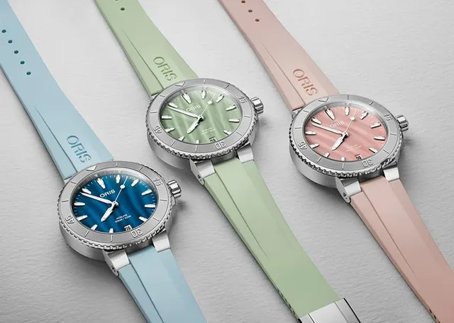 Oris Aquis Date 36,5 Perlmutt, Rosa, Grün, Blau