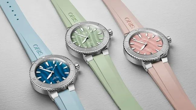 Oris Aquis Date 36,5 Perlmutt, Rosa, Grün, Blau