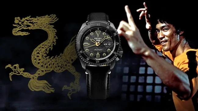 Das Zifferblatt der Seiko 5 Sports zeigt einen Drachen, den Bruce Lee gezeichnet hat
