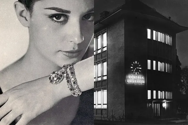 Universal Genève Anzeige für International Diamonds Award 1965 und Manufakturgebäude 1956