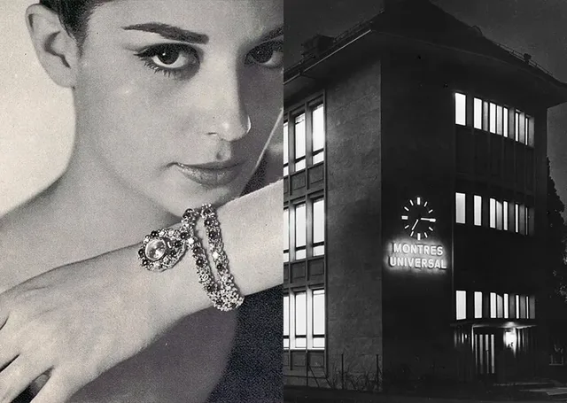 Universal Genève Anzeige für International Diamonds Award 1965 und Manufakturgebäude 1956