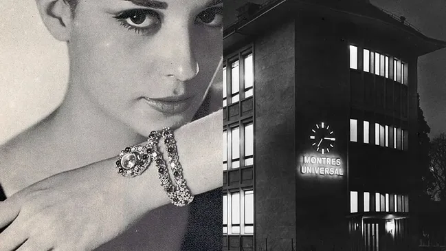 Universal Genève Anzeige für International Diamonds Award 1965 und Manufakturgebäude 1956