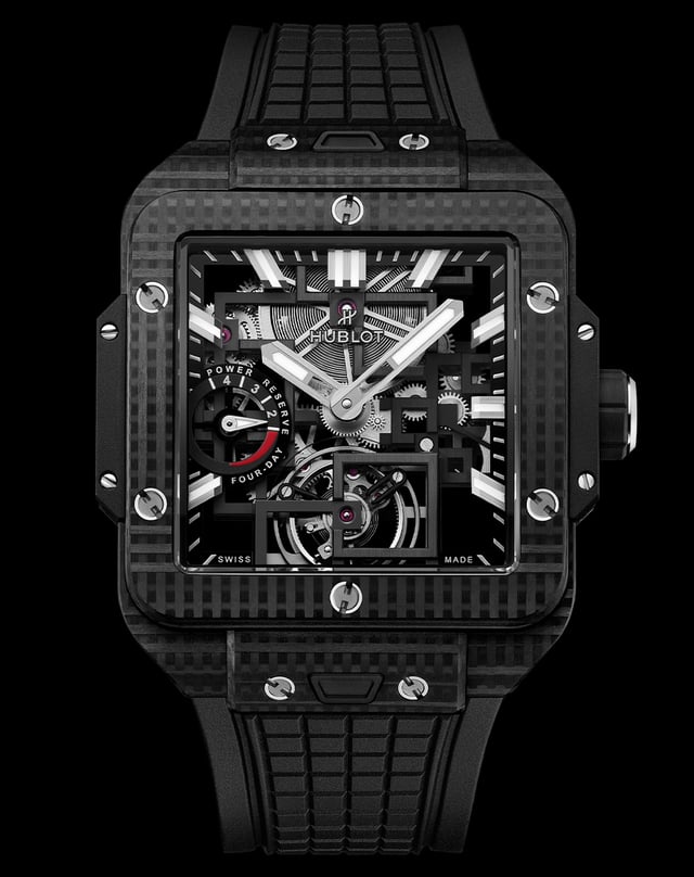 Hublot – Square Bang Tourbillon 4-Day Power Reserve, quadratische Sportuhr mit schwarzem Gehäuse