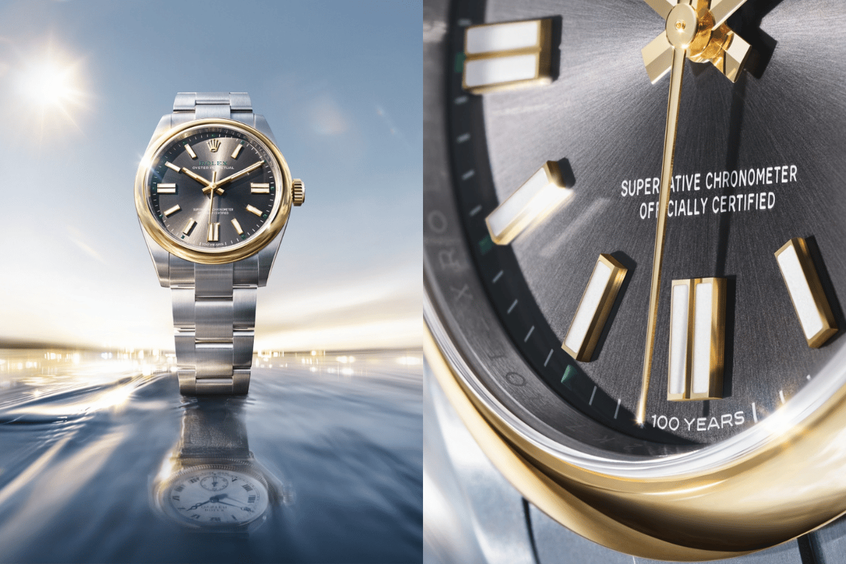 Front und Zifferblatt-Detail der Rolex Oyster Perpetual 41 in Rolesor Gelb