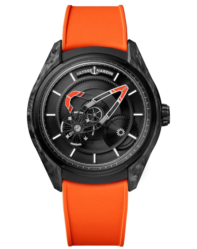 Ulysse Nardin – Freak X Gumball 3000, ausgefallene Luxusuhr mit außergewöhnlicher Zeitanzeige und orangefarbenem Kautschukband