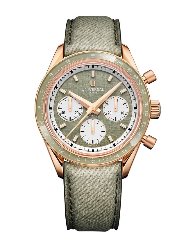 Universal Genève: Compax, Ref. UGCO006, grünes ZB und Band, RG, Frontansicht