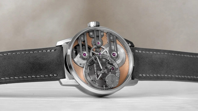 Armin Strom – Gravity Equal Force Ultimate Sapphire Salmon, komplizierte Luxusuhr mit lachsfarbener Farbgebung und Lederband