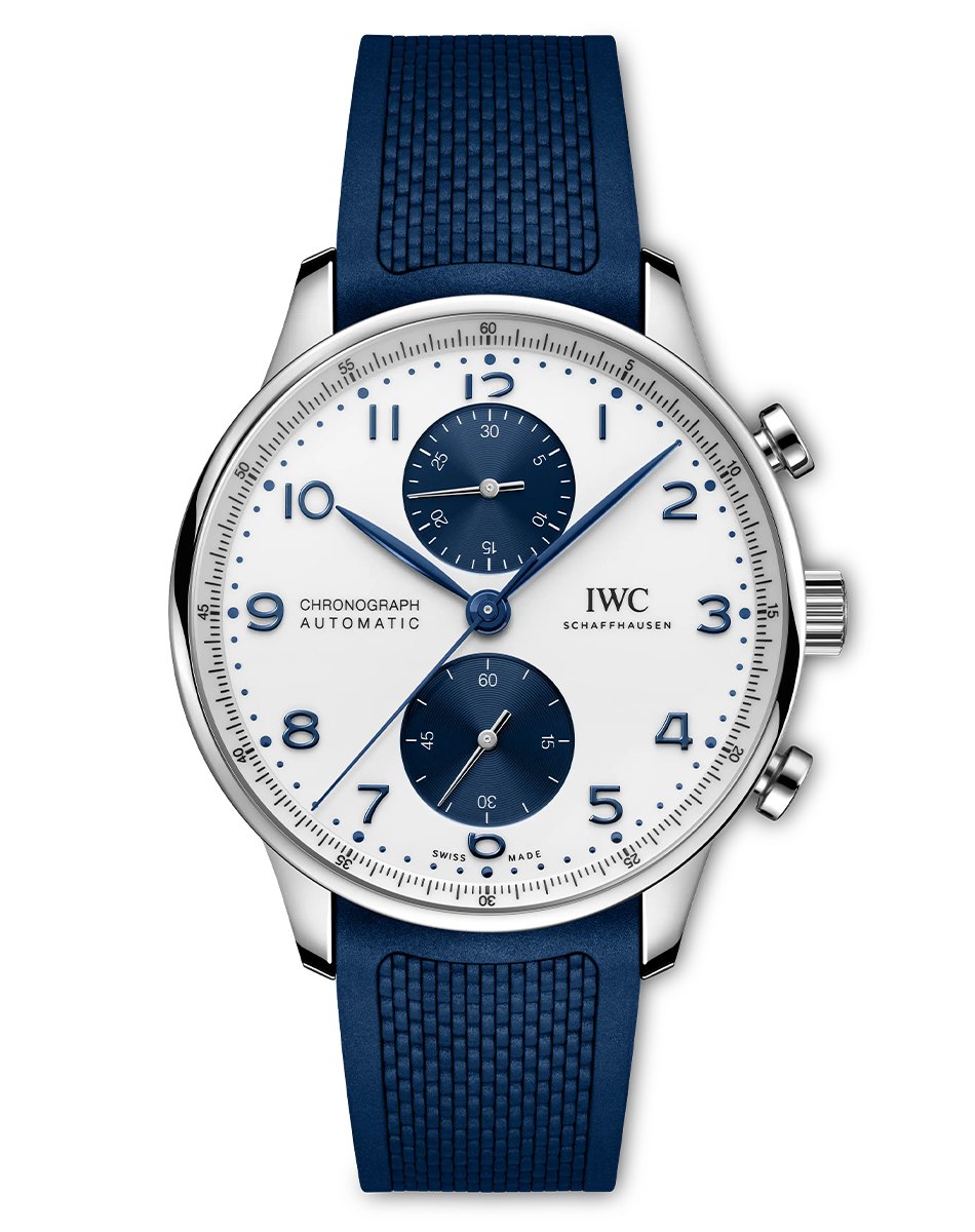 IWC – Portugieser Chronograph IW371620, automatischer Chronograph mit weißem Zifferblatt und Kautschukband