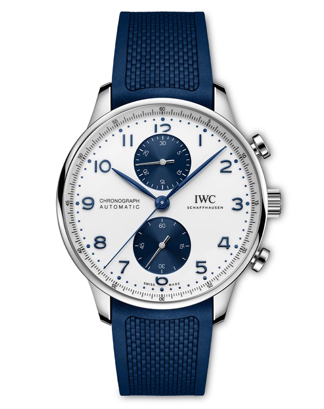 IWC – Portugieser Chronograph IW371620, automatischer Chronograph mit weißem Zifferblatt und Kautschukband