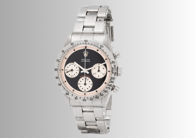Front, Armband, Zifferblatt der Rolex Cosmograph Daytona Ref. 6239 mit „Paul Newman“-Zifferblatt