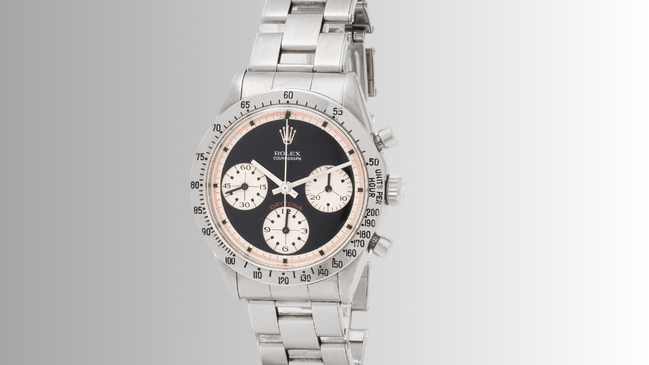 Front, Armband, Zifferblatt der Rolex Cosmograph Daytona Ref. 6239 mit „Paul Newman“-Zifferblatt