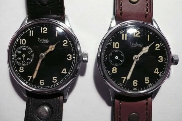 Zwei Dreizeiger-Fliegeruhren von Hanhart: links aus der Kriegszeit, rechts Nachkriegsära. 