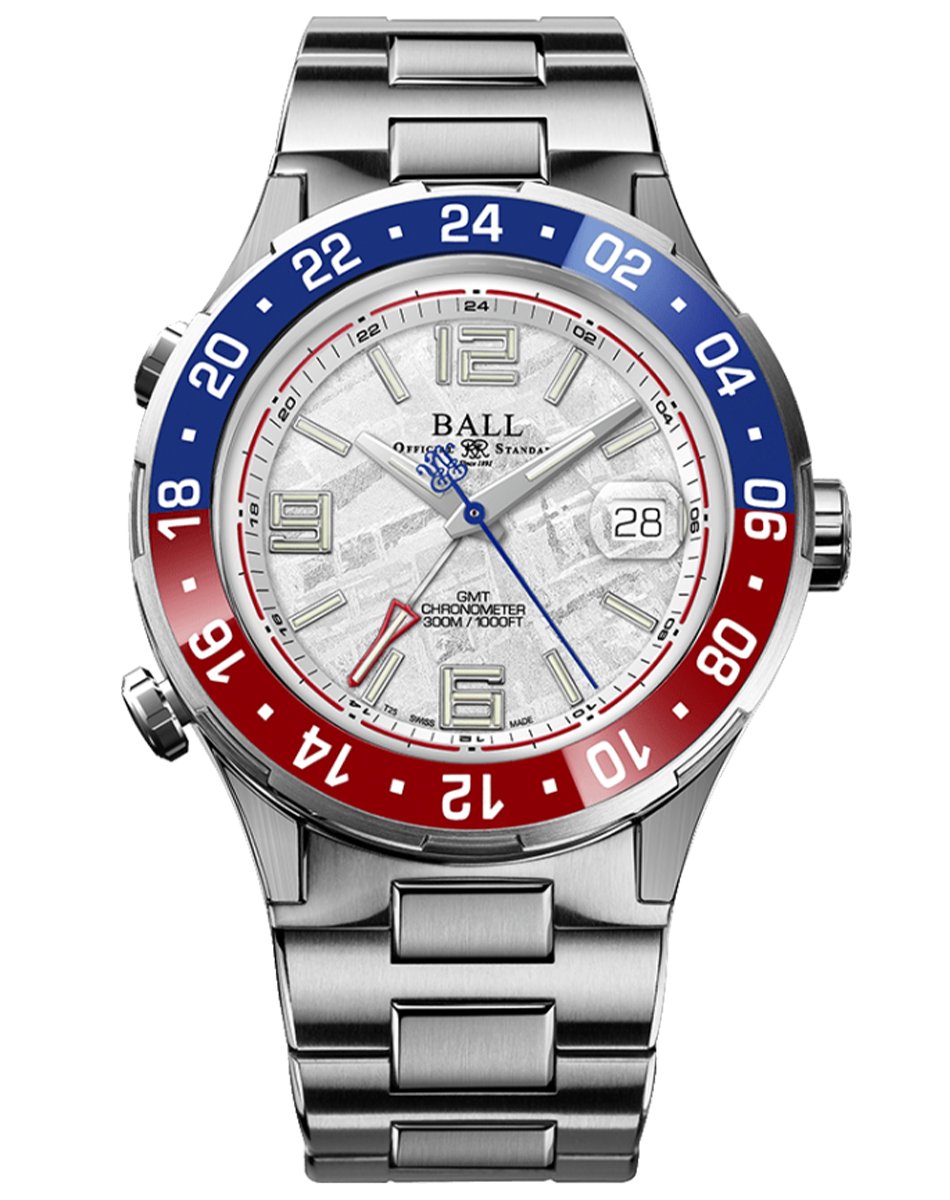 Ball Roadmaster Pilot GMT Meteorite 40mm, Toolwatch mit rot-blauer Lünette und Meteoritenzifferblatt