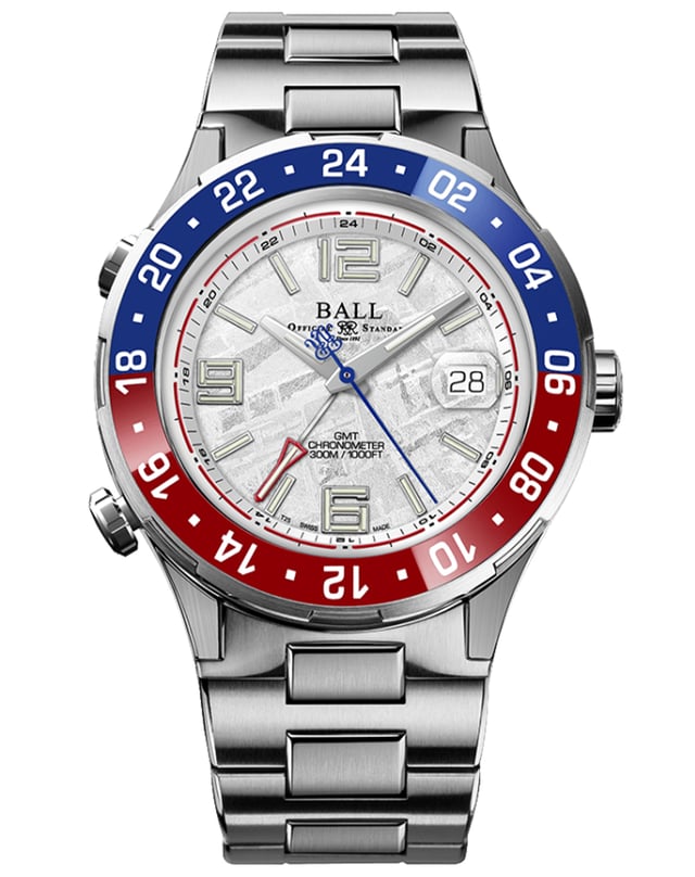 Ball Roadmaster Pilot GMT Meteorite 40mm, Toolwatch mit rot-blauer Lünette und Meteoritenzifferblatt