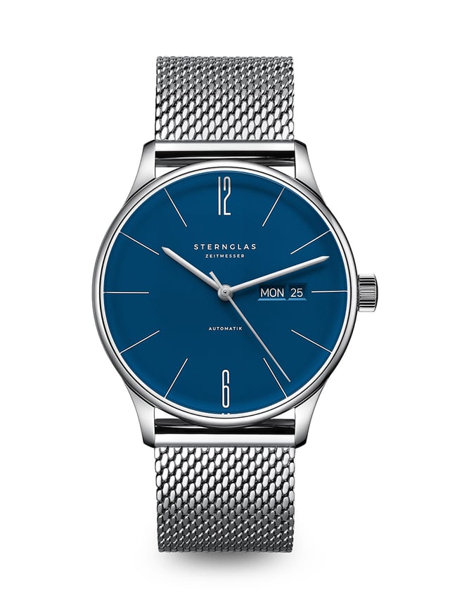 Sternglas Berlin Automatik, Ref. S02-BE06-MI04, Front, blaues Zifferblatt, Uhr mit Milanaiseband