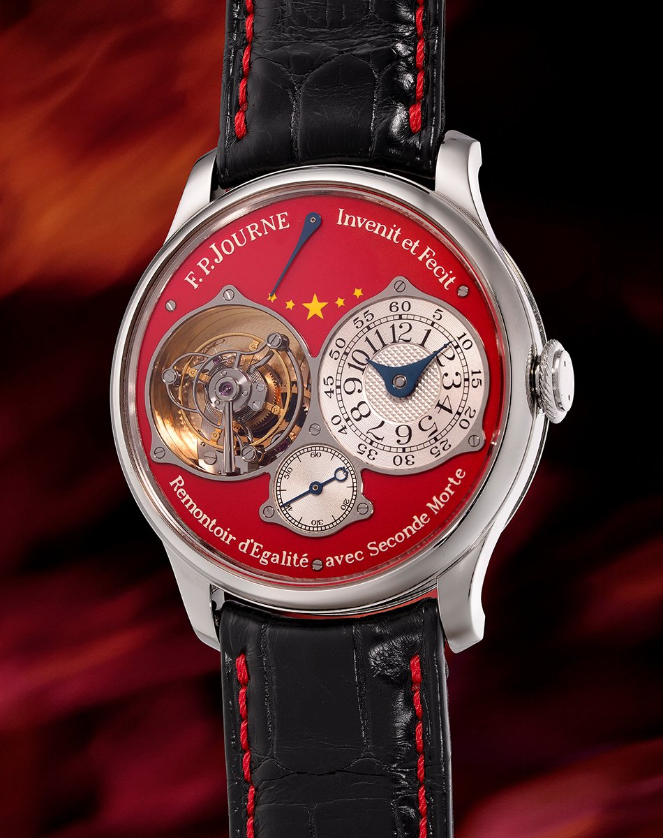 F. P. Journe Tourbillon Souverain Chine 2010, Luxusuhr mit rotem Zifferblatt und Lederband