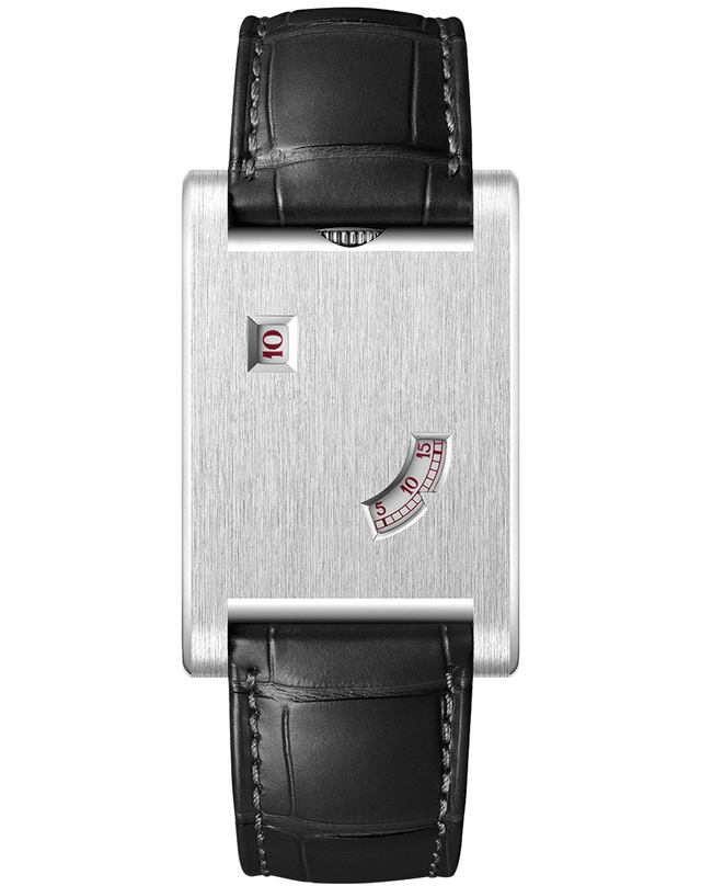 Cartier – Tank à Guichets, Dresswatcht von Cartier mit springender Stunde aus Platin am Lederband 