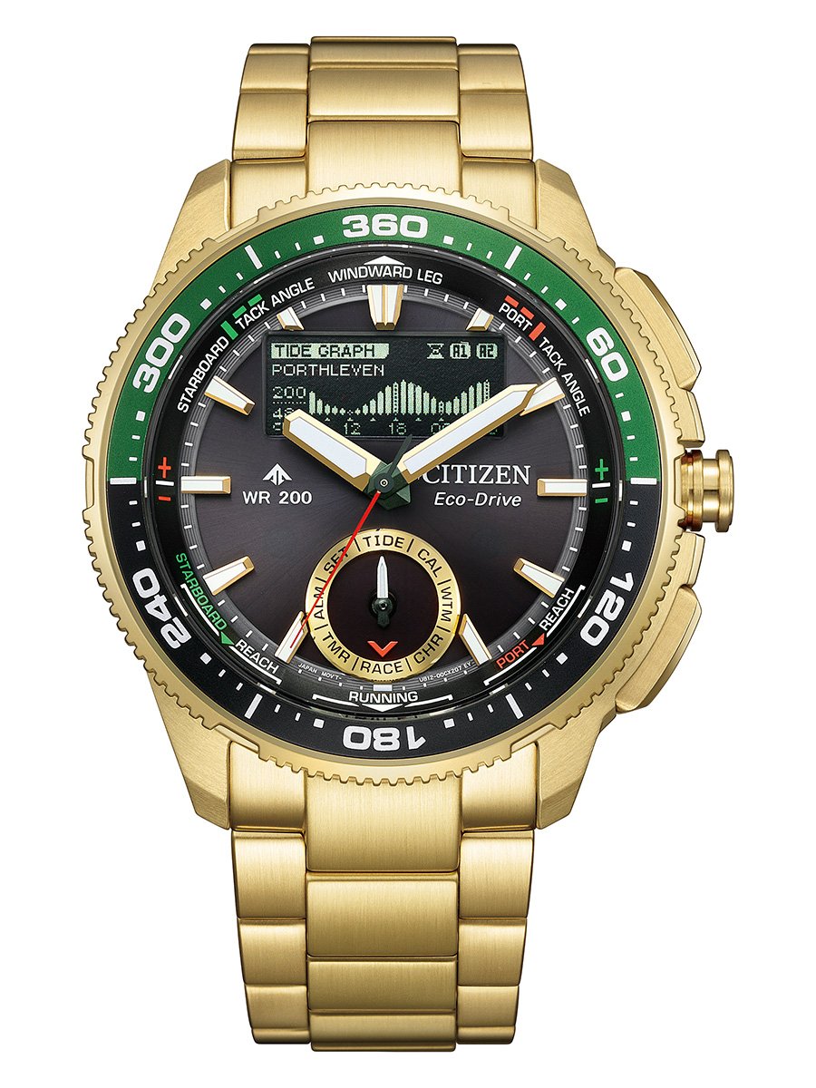 Citizen Promaster Wave Tracker, Ref. JV3002-51E, vergoldetes Gehäuse, schwarzes Zifferblatt: Frontansicht Uhr